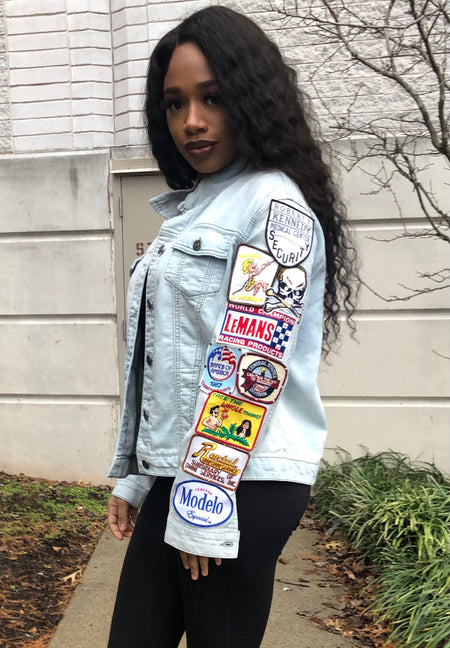 Faded stretch denim Swarovski Crystal patch jacket